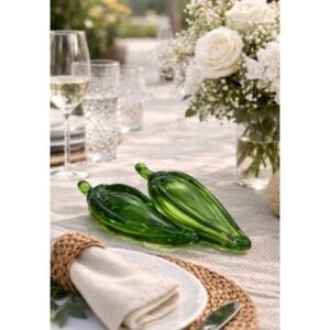 Vintage Pair of Mid Century Modern Hand Blown Green Art Glass 6” Pepper Decor